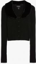 Cardigan with detachable faux fur collar - Black
