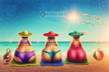 Schilderij - Drie gezellige dames op het strand, Multikleur , 2 maten , Premium print